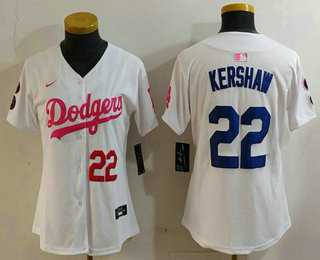 Womens Los Angeles Dodgers #22 Clayton Kershaw Number White Pink With Patch Limited Stitched Jersey